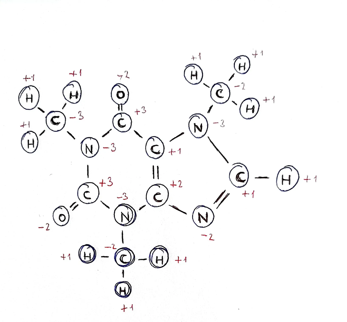 Acima temos o cálculo de NOX de uma molécula de <b>cafeína</b>, feito à mão